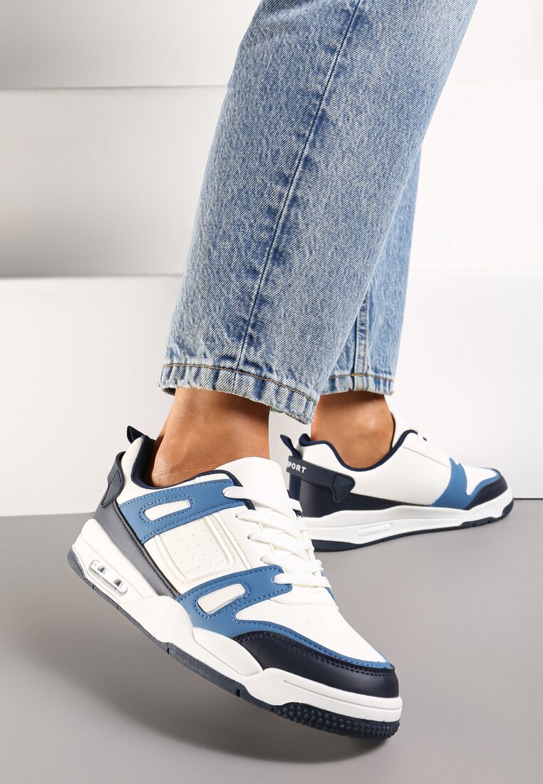  Sneakers albi și bleumarin cu șireturi cu numeroase inserții din piele ecologică Gwendias