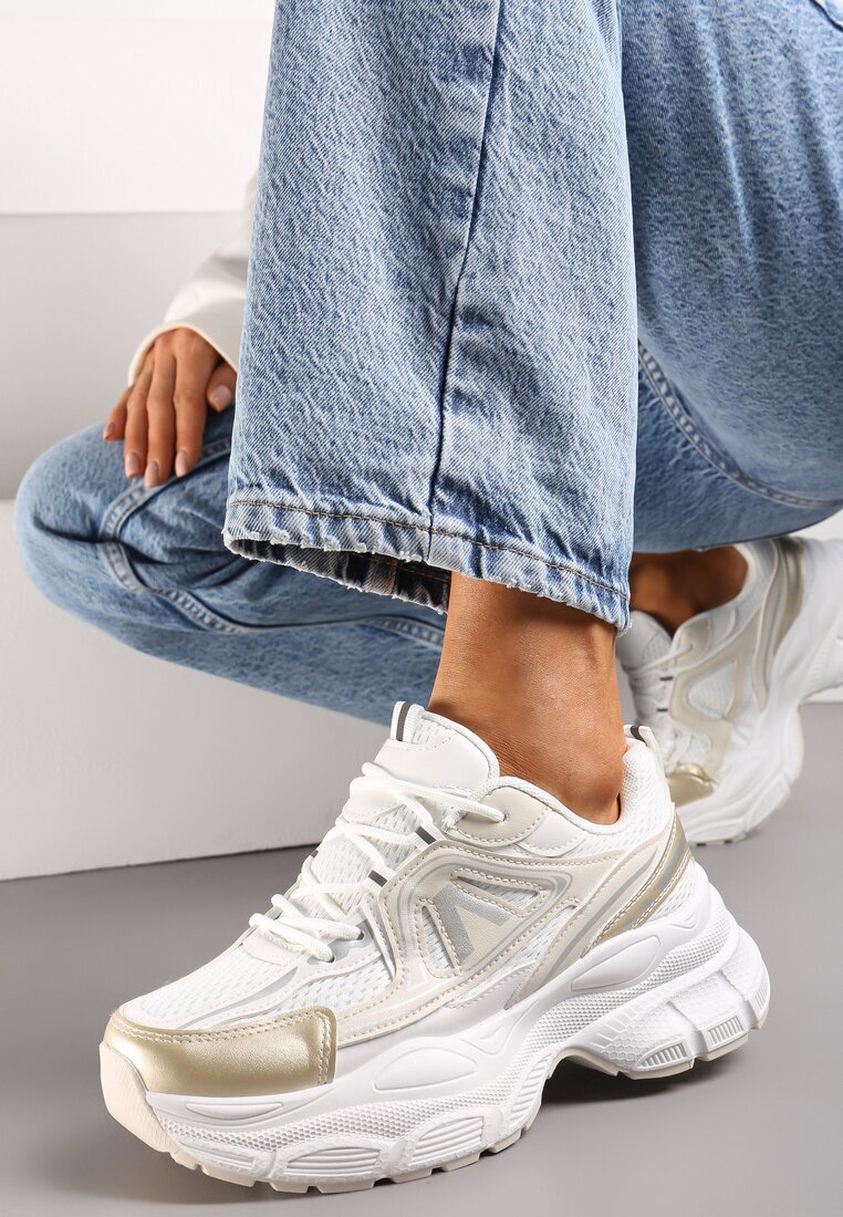  Sneakers Aurii cu plasă și inserții din piele ecologică pe talpă groasă Anirele