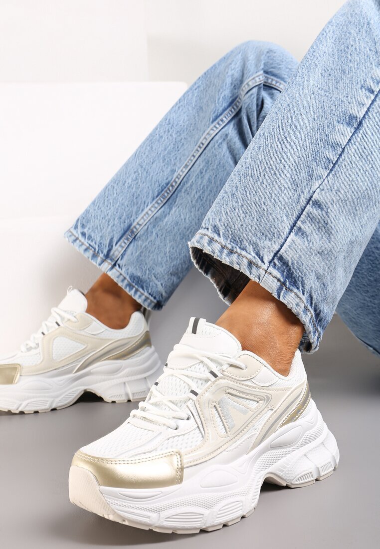  Sneakers Aurii cu plasă și inserții din piele ecologică pe talpă groasă Anirele