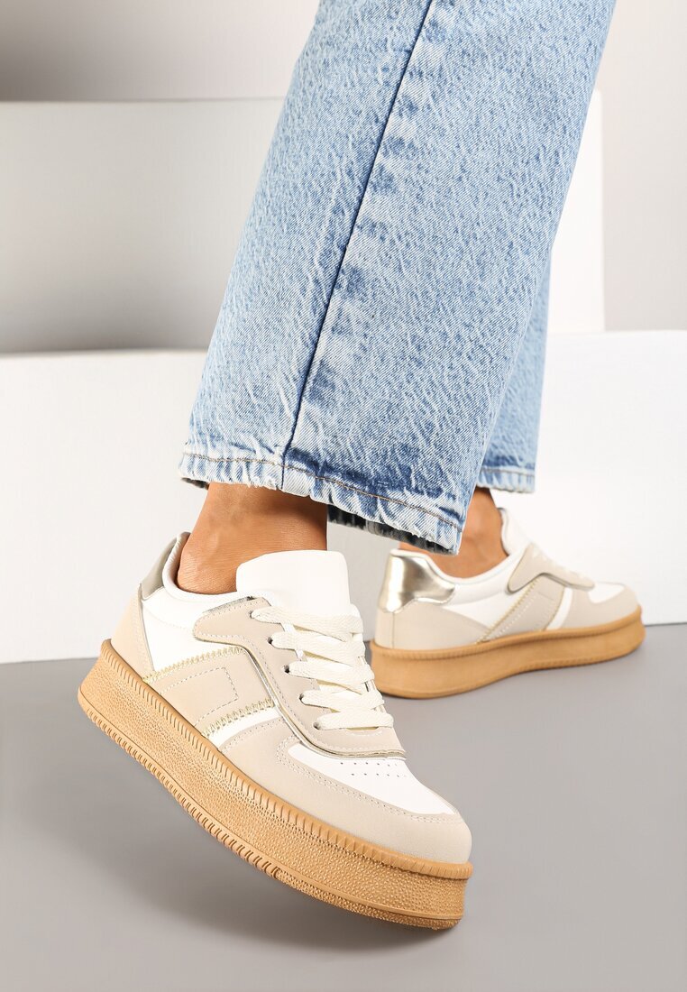  Sneakers Bej-Alb cu Talpă Plată Decorați cu Cusături și Perforații Nealiora