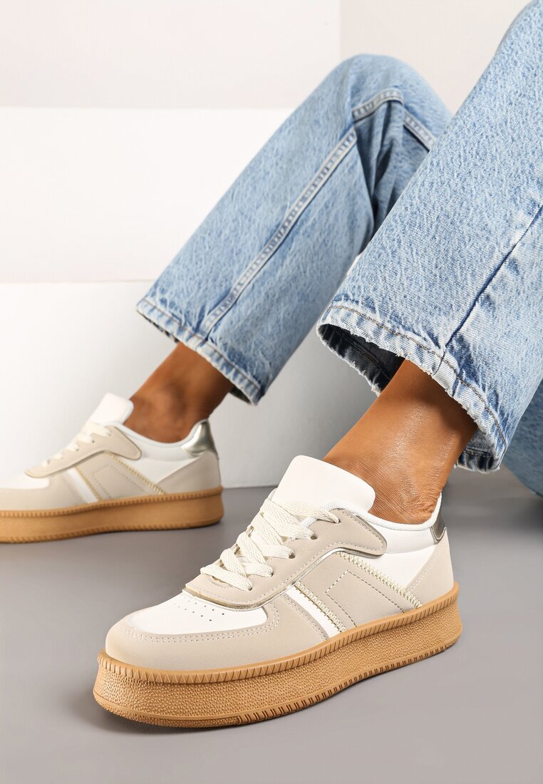  Sneakers Bej-Alb cu Talpă Plată Decorați cu Cusături și Perforații Nealiora
