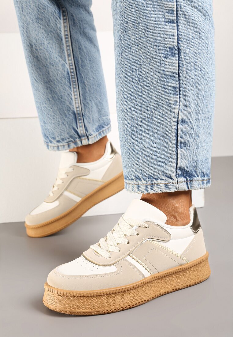  Sneakers Bej-Alb cu Talpă Plată Decorați cu Cusături și Perforații Nealiora