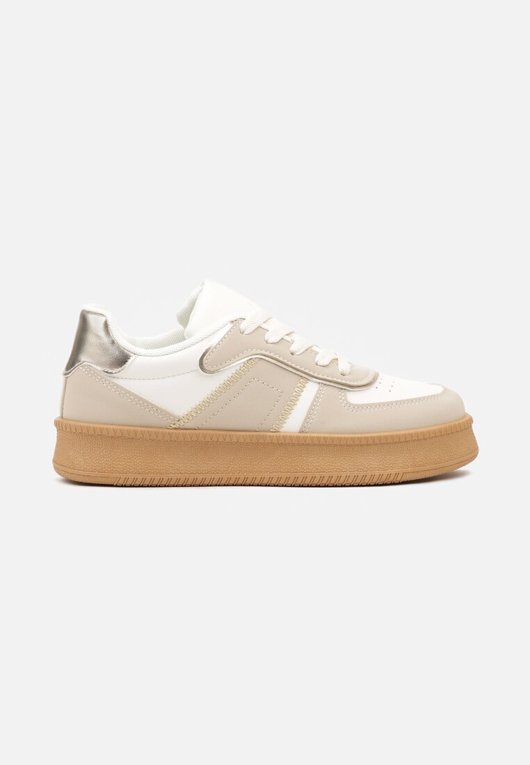  Sneakers Bej-Alb cu Talpă Plată Decorați cu Cusături și Perforații Nealiora