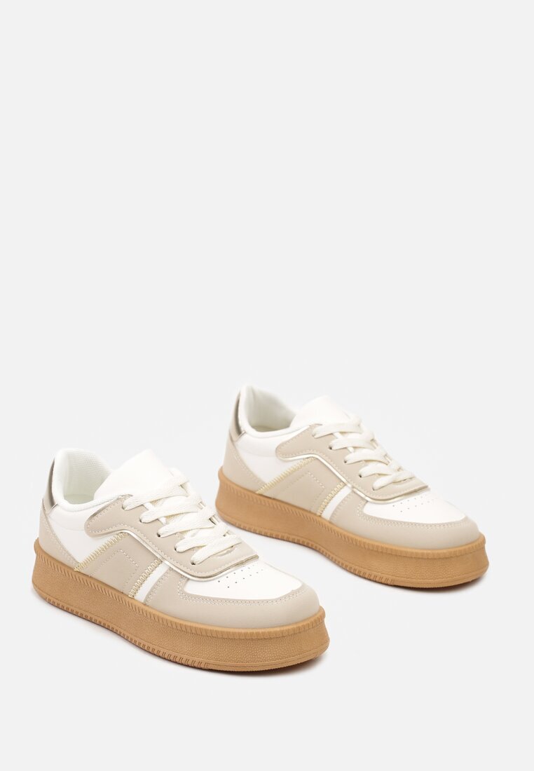  Sneakers Bej-Alb cu Talpă Plată Decorați cu Cusături și Perforații Nealiora