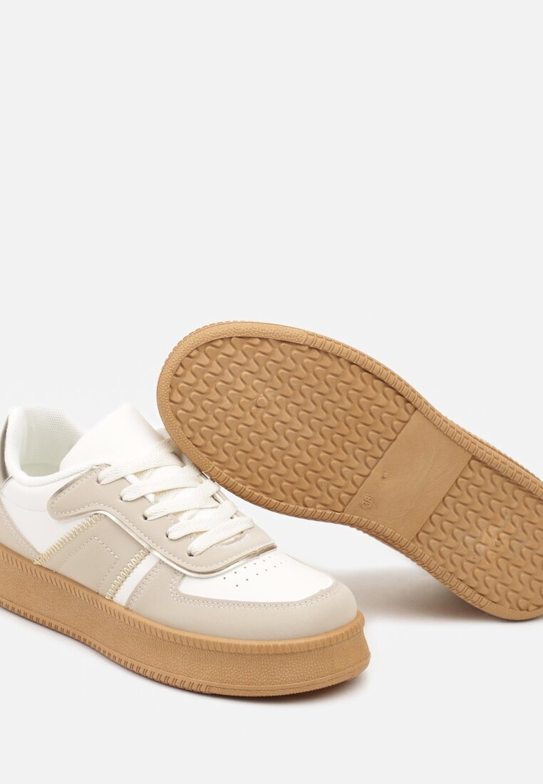  Sneakers Bej-Alb cu Talpă Plată Decorați cu Cusături și Perforații Nealiora