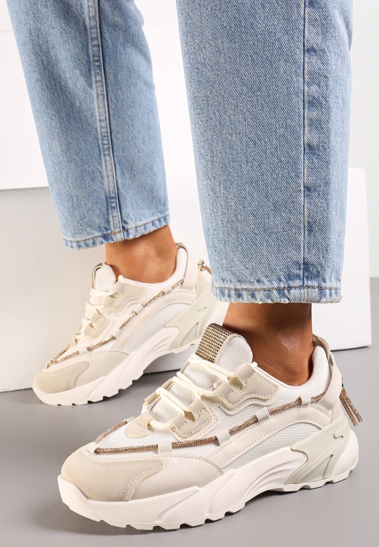  Sneakers bej cu șiret decorativ cu zirconii Saerina
