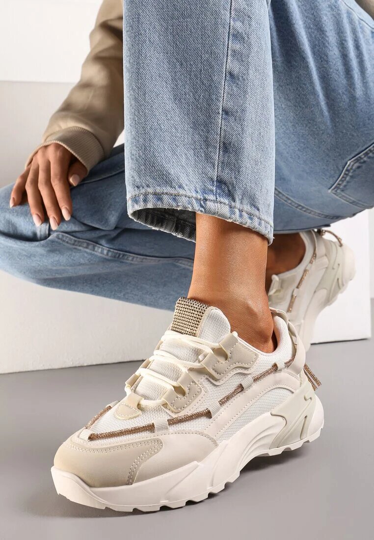  Sneakers bej cu șiret decorativ cu zirconii Saerina