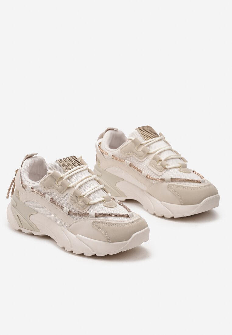  Sneakers bej cu șiret decorativ cu zirconii Saerina