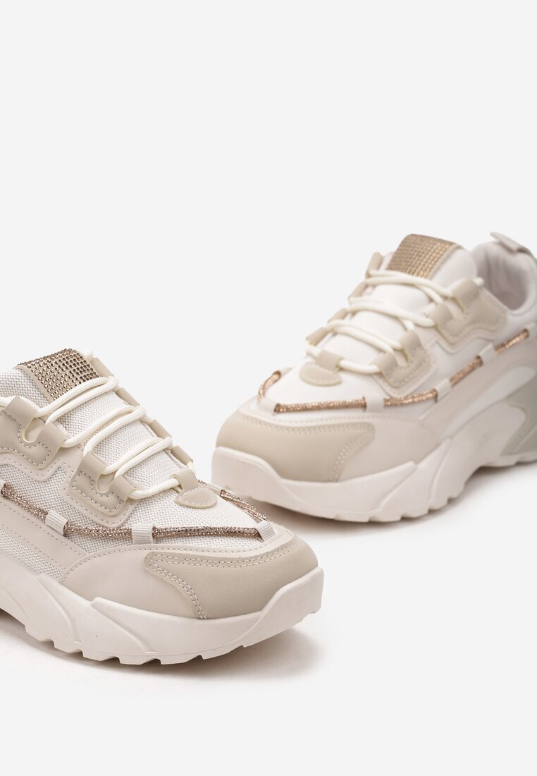  Sneakers bej cu șiret decorativ cu zirconii Saerina