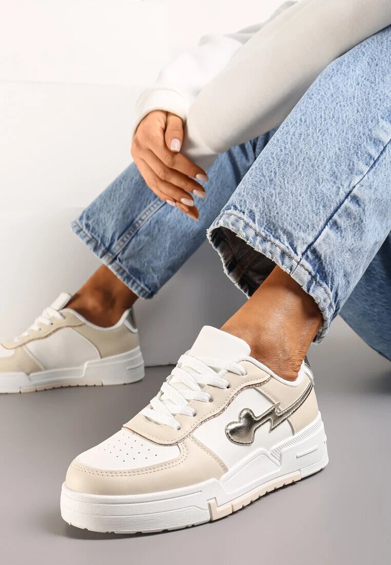  Sneakers bej cu șireturi cu talpă groasă cu aplicații cu sclipici Anaieli