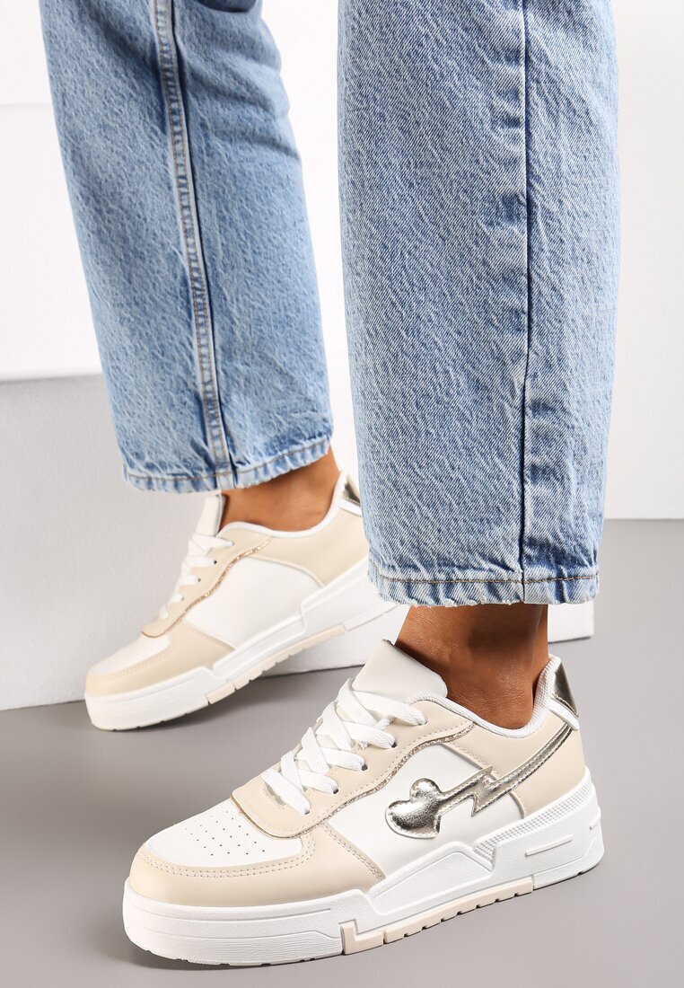  Sneakers bej cu șireturi cu talpă groasă cu aplicații cu sclipici Anaieli
