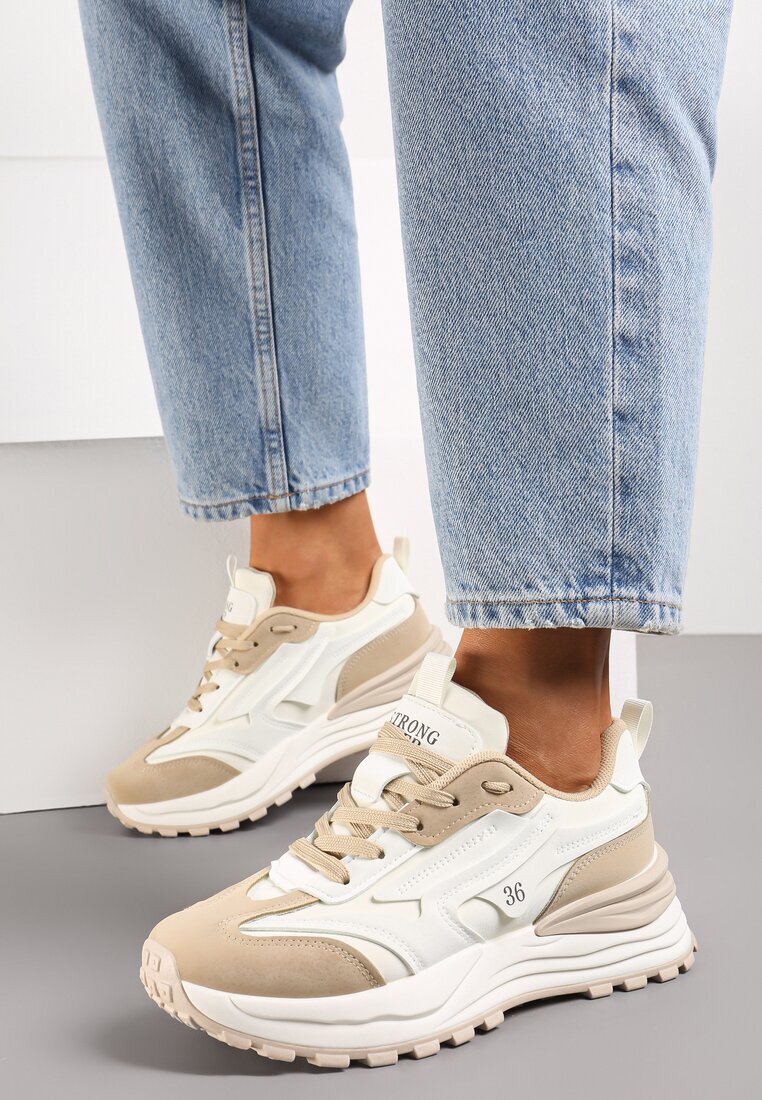  Sneakers bej din piele ecologică cu șireturi și aplicații decorative Ocellia