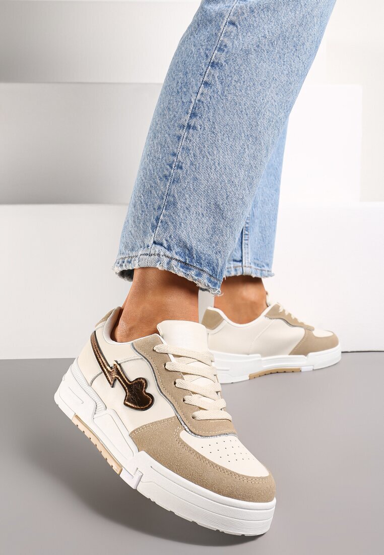  Sneakers bej închis cu șireturi cu talpă groasă și decorațiuni cu sclipici Anaieli