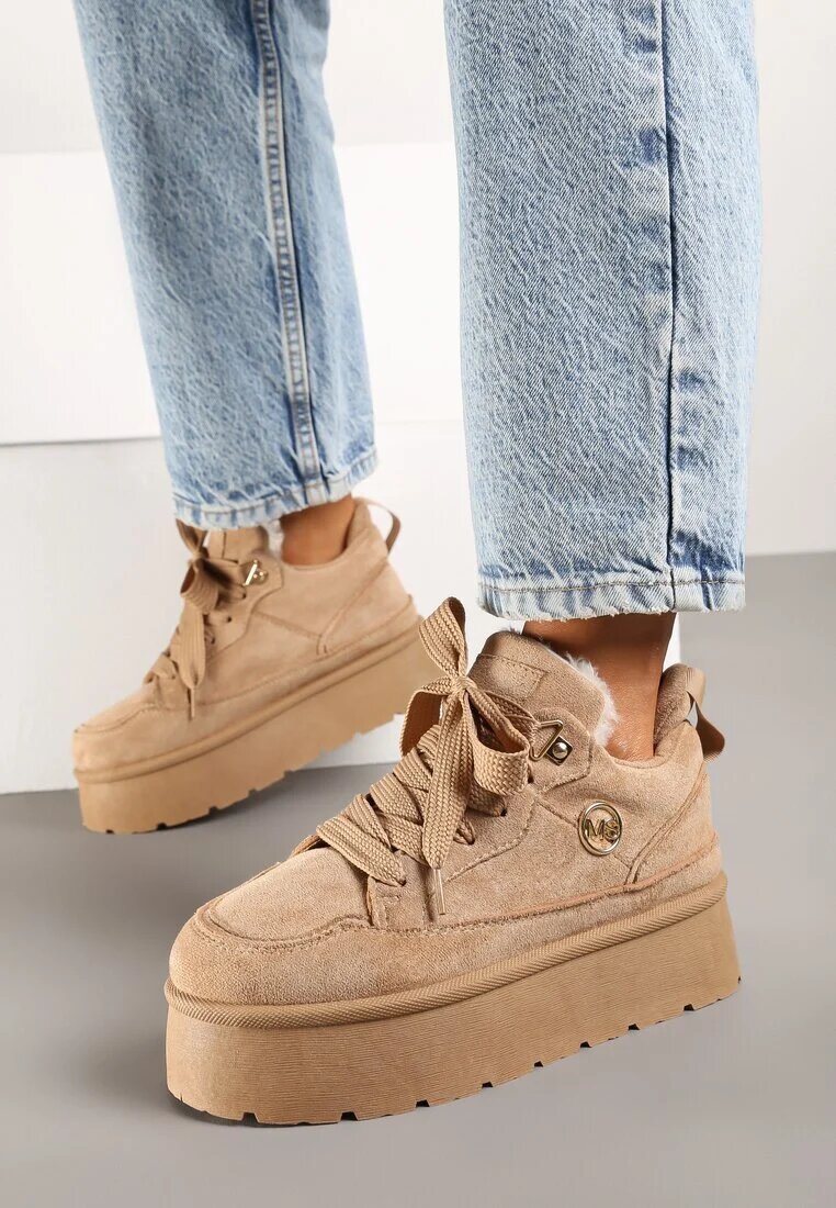  Sneakers Bej închis din piele intoarsă ecologică pe talpă groasă căptușite cu blană Senavel