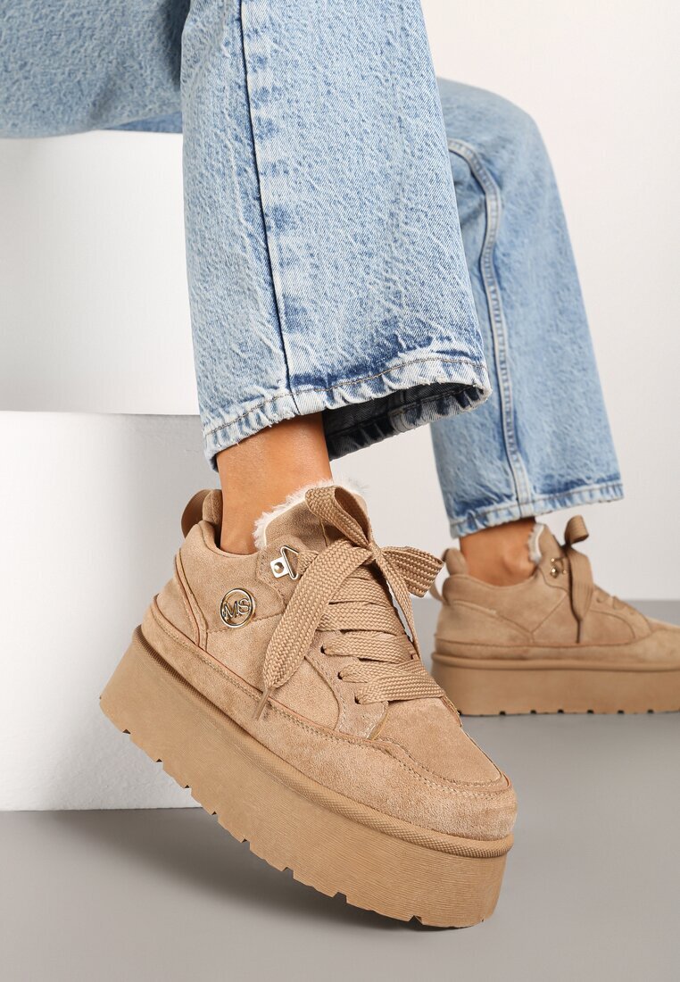  Sneakers Bej închis din piele intoarsă ecologică pe talpă groasă căptușite cu blană Senavel
