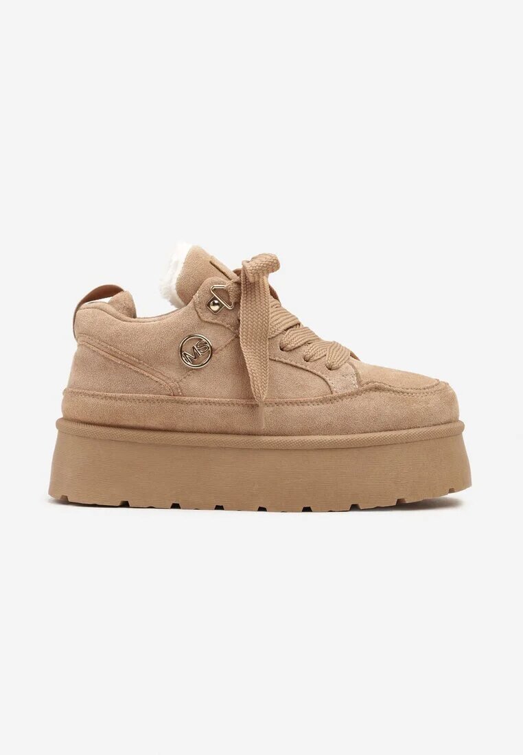  Sneakers Bej închis din piele intoarsă ecologică pe talpă groasă căptușite cu blană Senavel