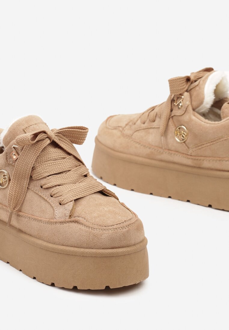  Sneakers Bej închis din piele intoarsă ecologică pe talpă groasă căptușite cu blană Senavel