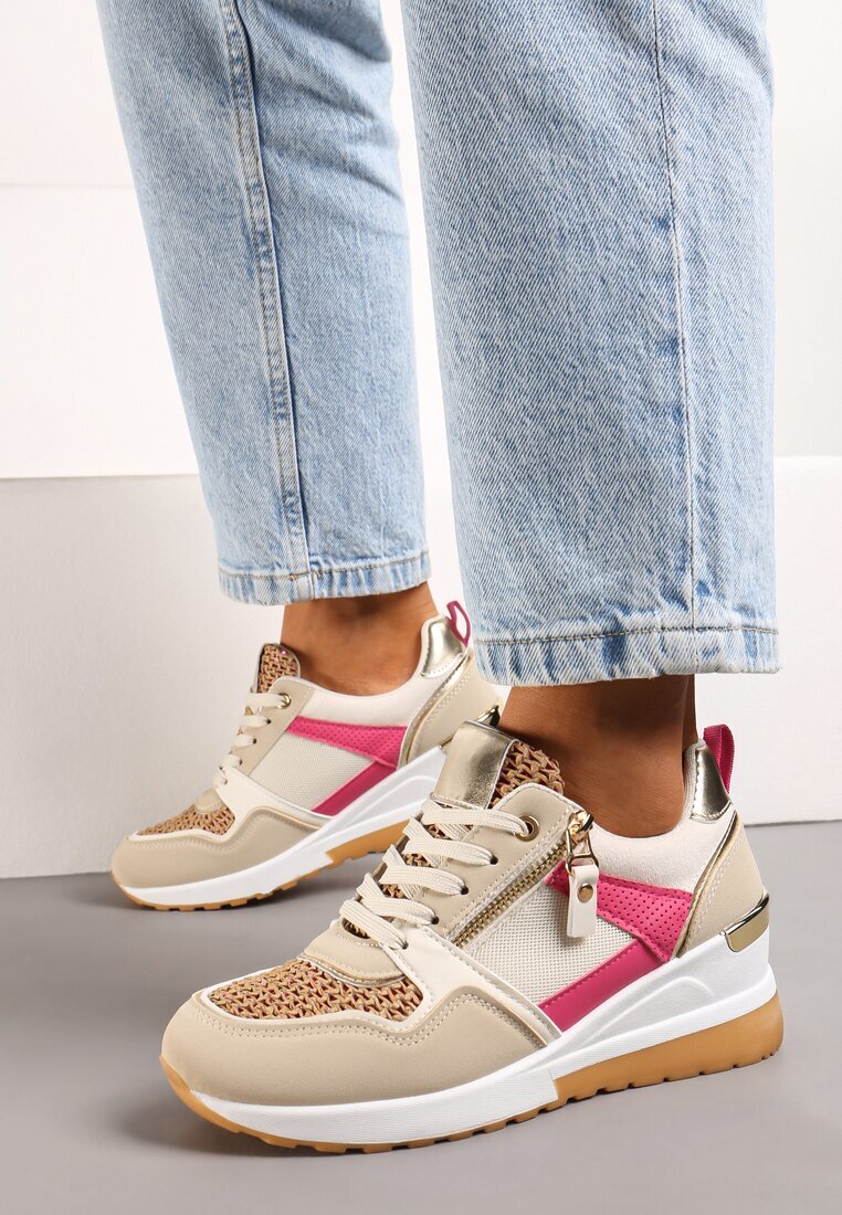  Sneakers Bej-Roz cu platformă joasă decorate cu fermoar și inserții Liorrama