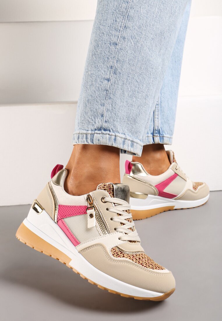  Sneakers Bej-Roz cu platformă joasă decorate cu fermoar și inserții Liorrama