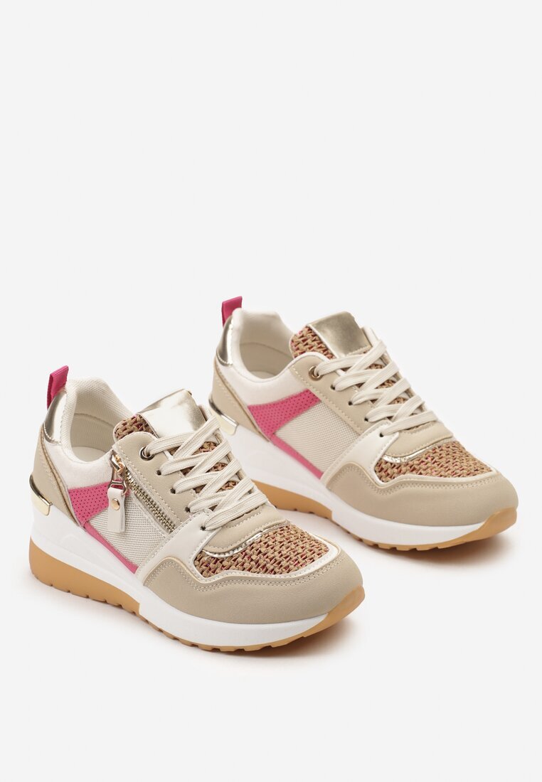  Sneakers Bej-Roz cu platformă joasă decorate cu fermoar și inserții Liorrama