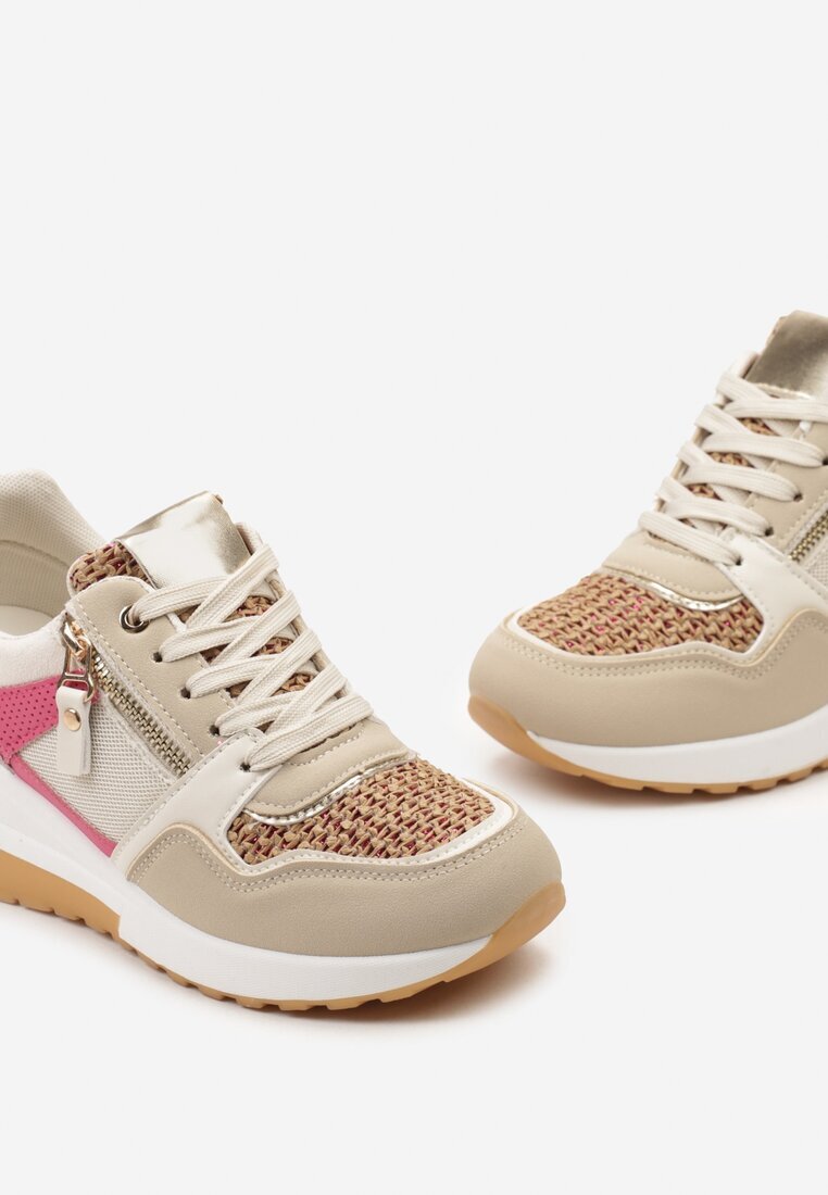  Sneakers Bej-Roz cu platformă joasă decorate cu fermoar și inserții Liorrama