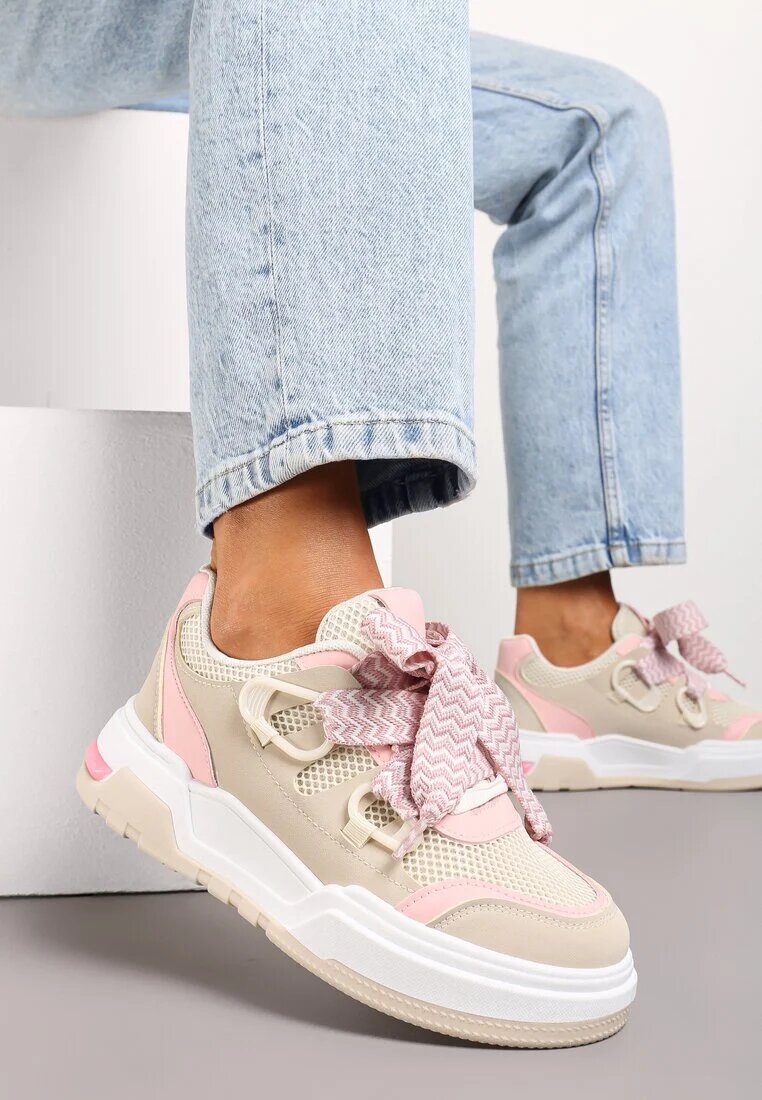  Sneakers Bej-roz cu Talpă Groasă cu Șireturi Decorative Zeldema