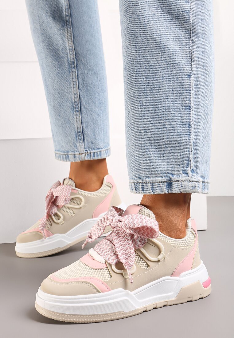  Sneakers Bej-roz cu Talpă Groasă cu Șireturi Decorative Zeldema