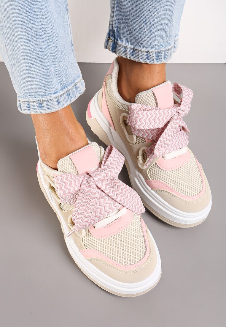  Sneakers Bej-roz cu Talpă Groasă cu Șireturi Decorative Zeldema