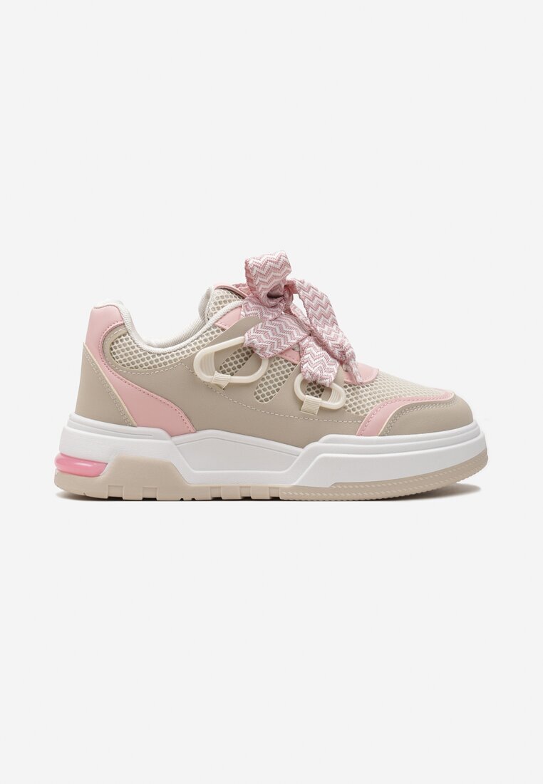  Sneakers Bej-roz cu Talpă Groasă cu Șireturi Decorative Zeldema
