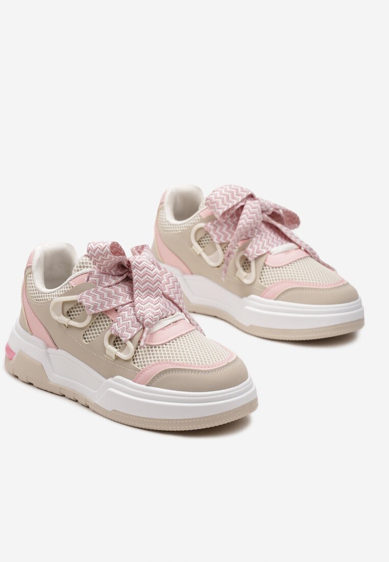  Sneakers Bej-roz cu Talpă Groasă cu Șireturi Decorative Zeldema