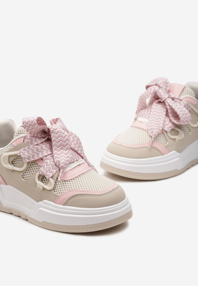  Sneakers Bej-roz cu Talpă Groasă cu Șireturi Decorative Zeldema