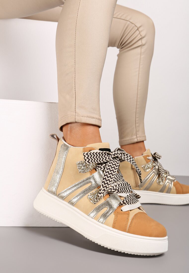  Sneakers de streetwear Bej închis cu talpă groasă decorate cu inserții contrastante Kaittane