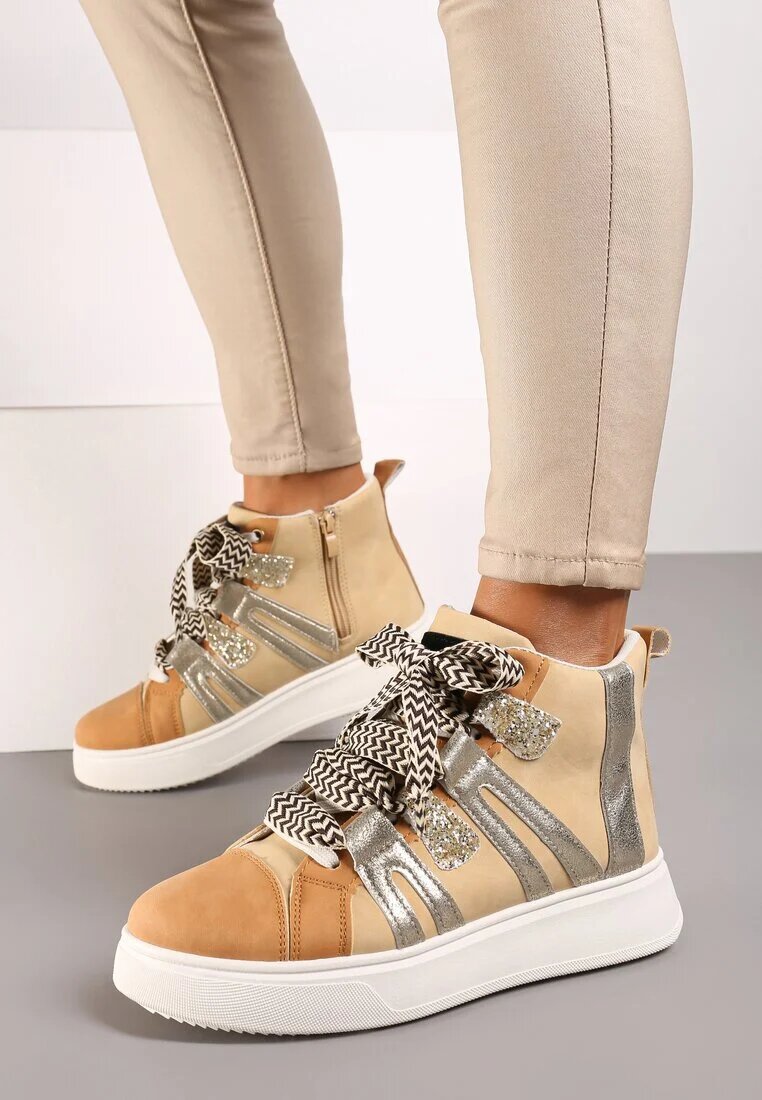  Sneakers de streetwear Bej închis cu talpă groasă decorate cu inserții contrastante Kaittane
