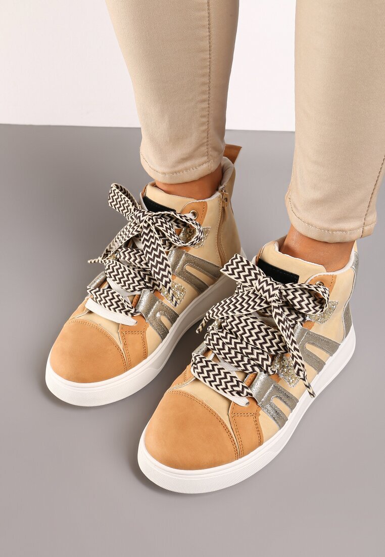  Sneakers de streetwear Bej închis cu talpă groasă decorate cu inserții contrastante Kaittane