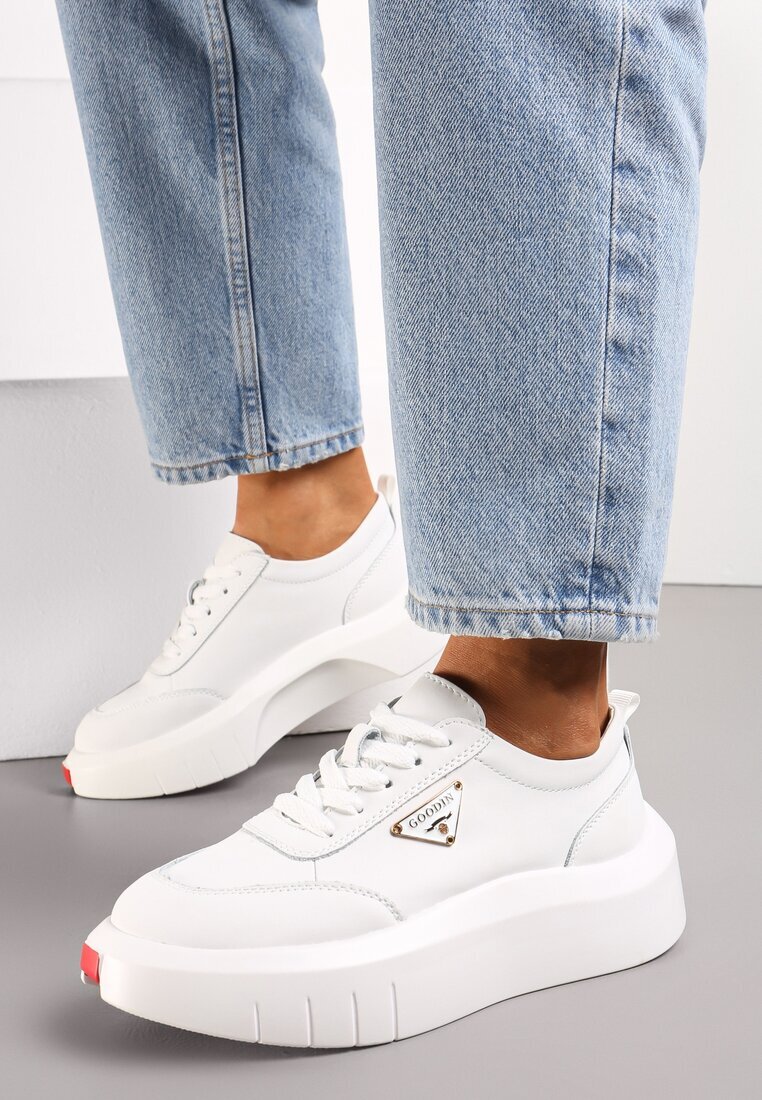  Sneakers din Piele Albi pe Platformă cu Inserție Mică Laterală Renipa