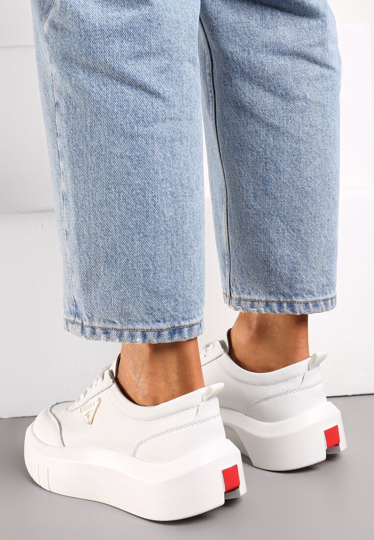  Sneakers din Piele Albi pe Platformă cu Inserție Mică Laterală Renipa