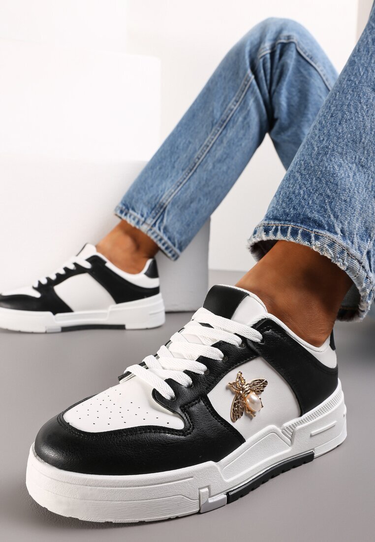  Sneakers Negri cu Broșă cu Perlă în formă de Insectă Zuriana