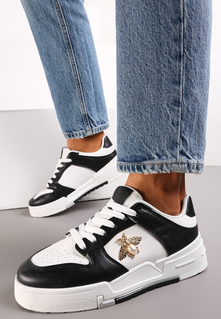 Sneakers Negri cu Broșă cu Perlă în formă de Insectă Zuriana