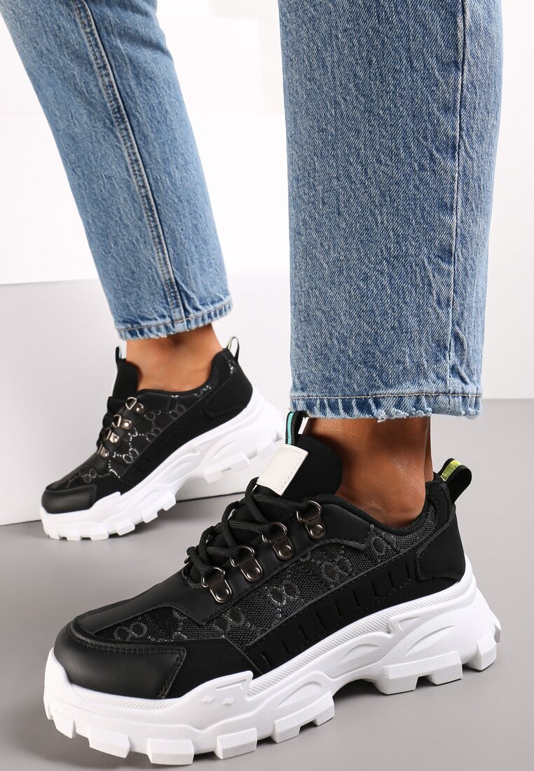 Sneakers Negri cu șireturi cu vârf rotund cu talpă groasă Alaiad