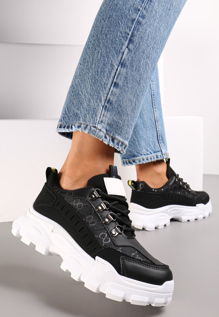  Sneakers Negri cu șireturi cu vârf rotund cu talpă groasă Alaiad