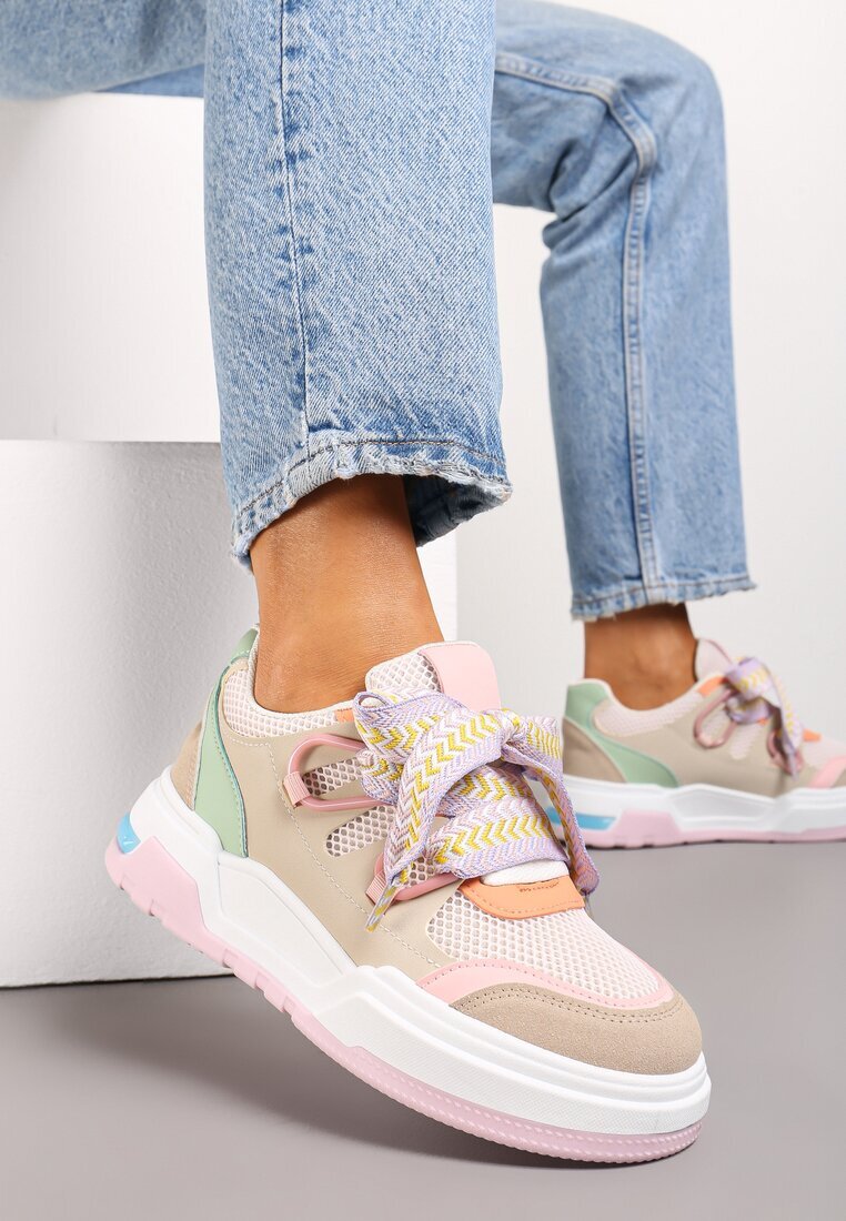  Sneakers roz-bej cu talpă groasă cu șireturi decorative Zeldema