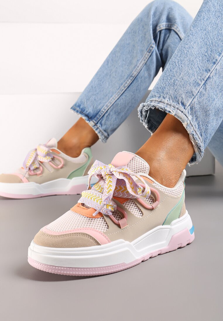  Sneakers roz-bej cu talpă groasă cu șireturi decorative Zeldema