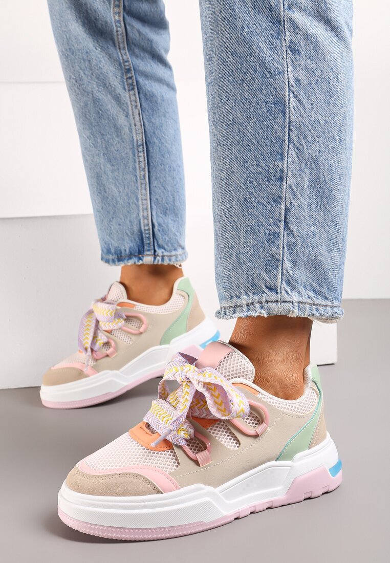  Sneakers roz-bej cu talpă groasă cu șireturi decorative Zeldema