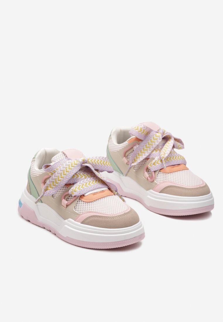  Sneakers roz-bej cu talpă groasă cu șireturi decorative Zeldema