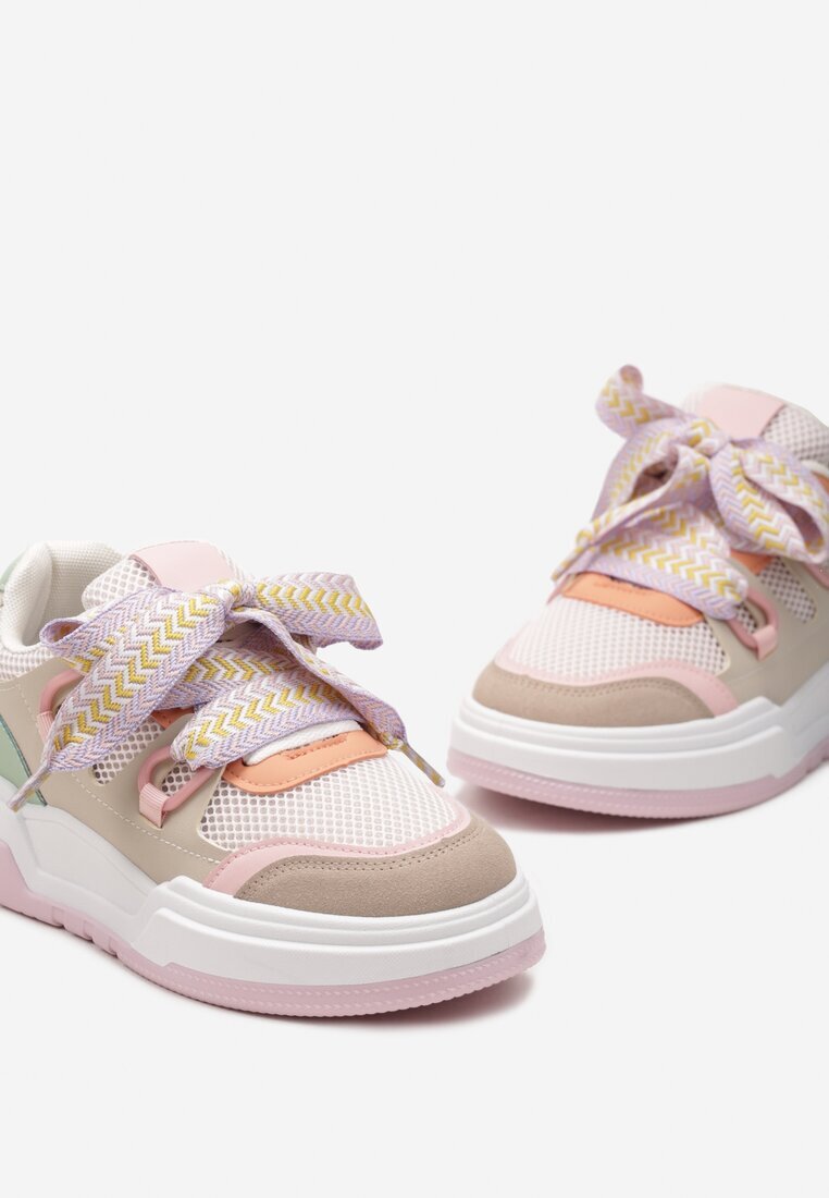  Sneakers roz-bej cu talpă groasă cu șireturi decorative Zeldema