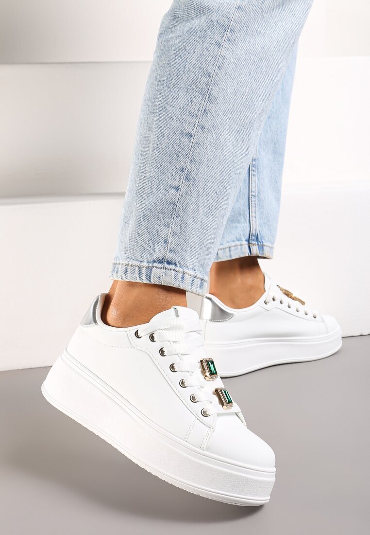  Sneakerși Alb-Verde cu Platformă și Aplicații Bijuterii Detașabile pe Șireturi Tamaki