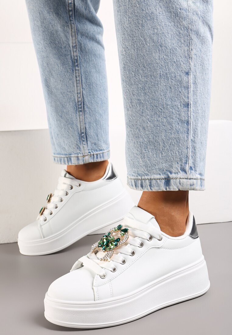  Sneakerși Alb-Verde cu Platformă și Aplicații Bijuterii Detașabile pe Șireturi Tamaki
