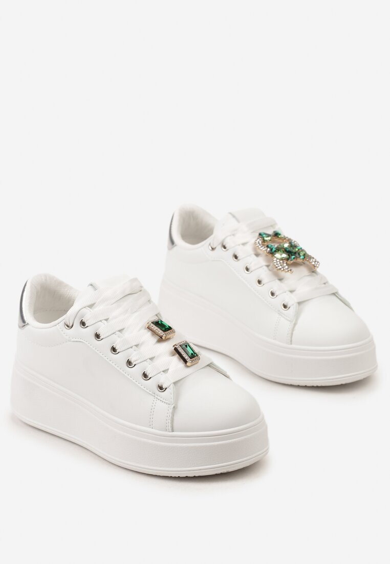  Sneakerși Alb-Verde cu Platformă și Aplicații Bijuterii Detașabile pe Șireturi Tamaki