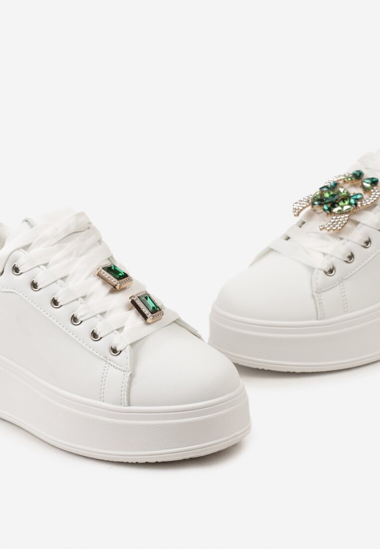  Sneakerși Alb-Verde cu Platformă și Aplicații Bijuterii Detașabile pe Șireturi Tamaki