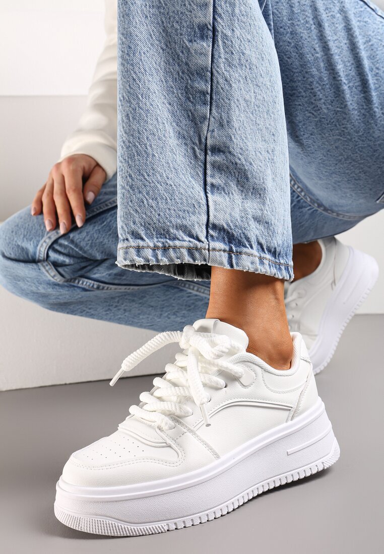  Sneakerși Albi cu șireturi cu platformă cu inserții metalice Arileva